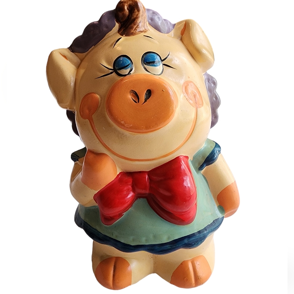 Vintage Enesco 80's Girl Ceramic Piggy Bank Hand Painted 6.75 x 4.5 inches